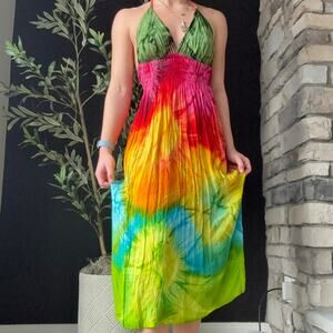 Rainbow tie dye maxi halter dress Boho hippie fairy